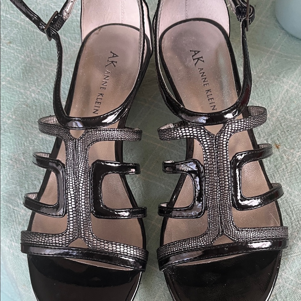 Anne Klein Black Patent Cutout T-Strap Heels